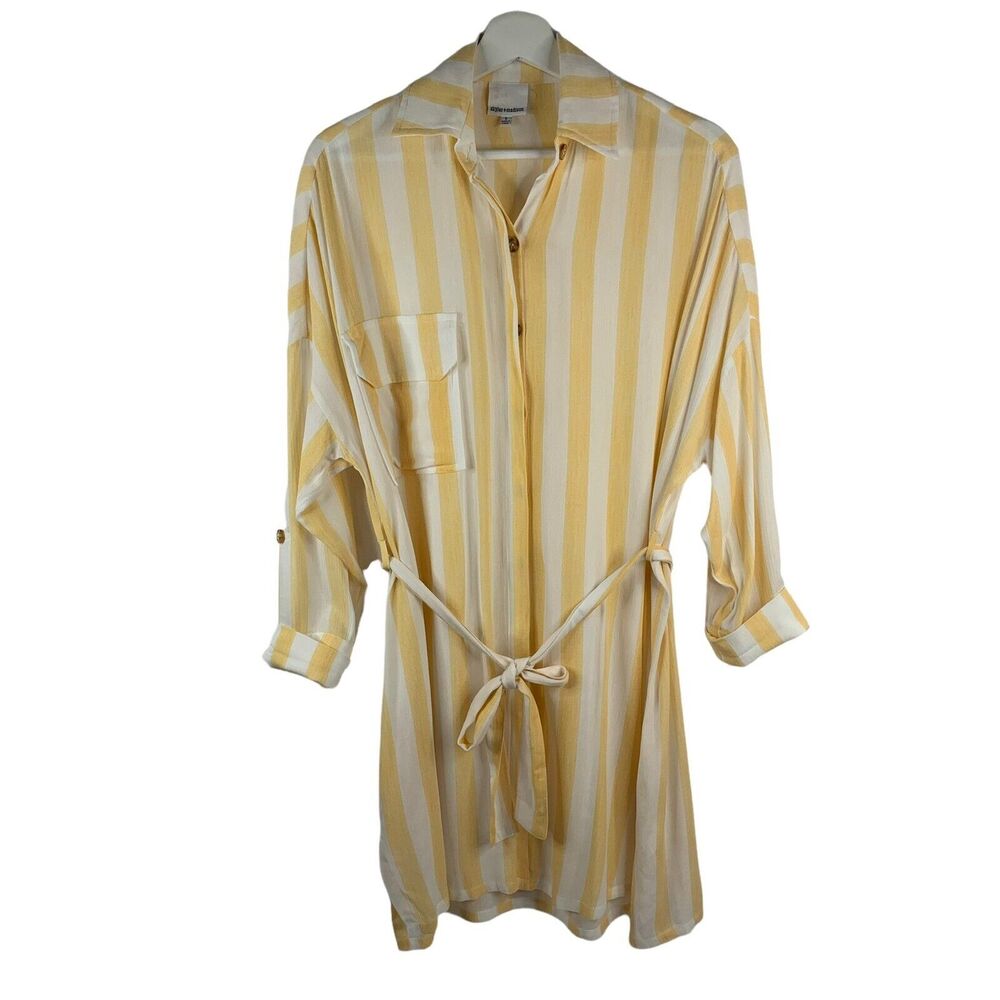 Skylar + Madison Sz S Tunic Top Dress Yellow Vertical Stripe Belted Button Front